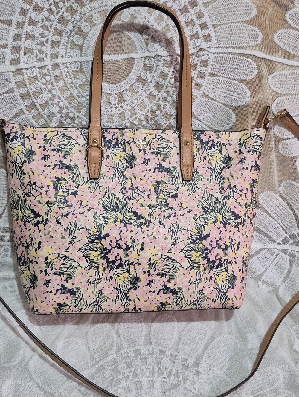 Tory Burch Pink Floral Shoulder Bag with Tan Trim
